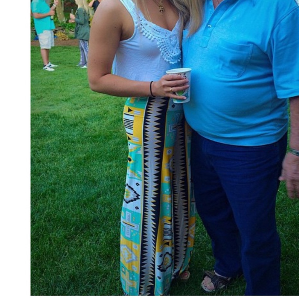 Aztec flowy bellbottoms and lace white tank
